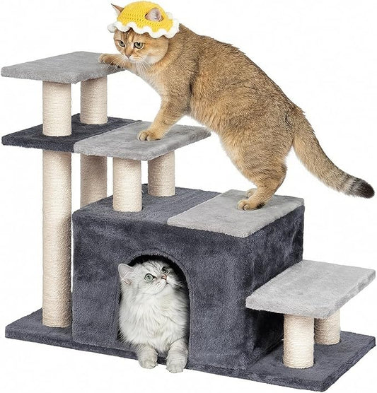 4-Tier Cat Stairs for High Bed with 22'' Cat Scratching Post, Pet Steps for Doggies Rabbit Ferret, Adjustable Cat Cave, Grey, Extra Large