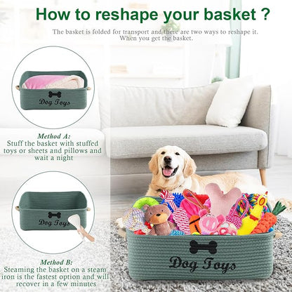 2 pack Woven Dog Toys Basket, 100% Cotton Rope Dog Toy Box for Living Room Area, Trapezoid Pet Toys Bin with Sturdy Handle, Puppy Bed, Green Baskets for Pet Toys/Collar/Leash/Blanket