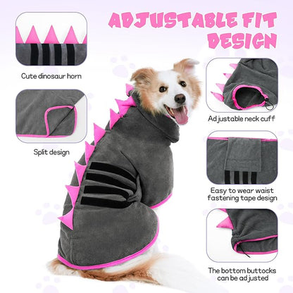 Super Absorbent Dog Bathrobe, Microfiber Bath Robe Towel for Fast Drying, Cozy Fit, Adjustable Belly Strap, Unique Dinosaur Design Dog Drying Coat for Bath, Rainy Walks & Cold Weather
