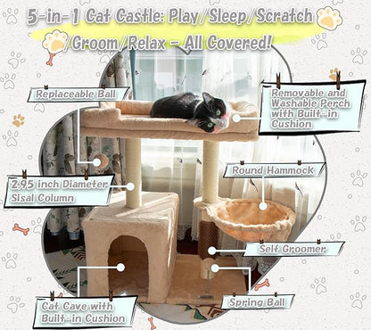 28.4" Small Cat Tree Tower,Cat Scratching Post for Indoor Cats,Featuring with Cat Cave & Cozy Perch,Cat Self Groomer and Interactive Dangling Ball Great for Kittens/Cats (Beige, Large)