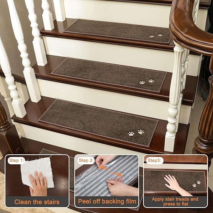 BEQHAUSE Stair Treads for Wooden Steps 28inX9in, Non Slip Carpet Stair Treads Indoor Stair Runners Machine Washable, Soft Stair Rugs Mat Surface Polyester TPE Backing, 15pcs, Brown