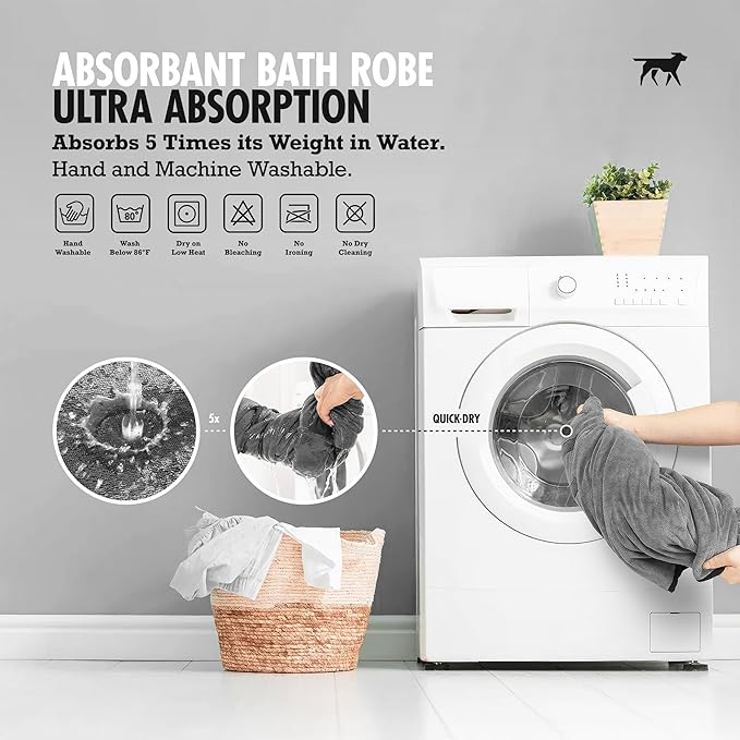 Tuff Pupper Fast Drying Dog Bath Robe | 800 GSM Plush Dog Towel Bathrobe/Dressing Gown | Super Absorbent Pet/Puppy Bathrobe | Adjustable Hood & Belly Strap | Super Soft | Fast Drying (S, Gray)