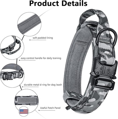 DAGANXI Tactical Dog Collar, Adjustable Military Training Nylon Dog Collar with Control Handle and Heavy Metal Buckle for Medium and Large Dogs, with Patches and Airtags Case (M, Camo-Set)