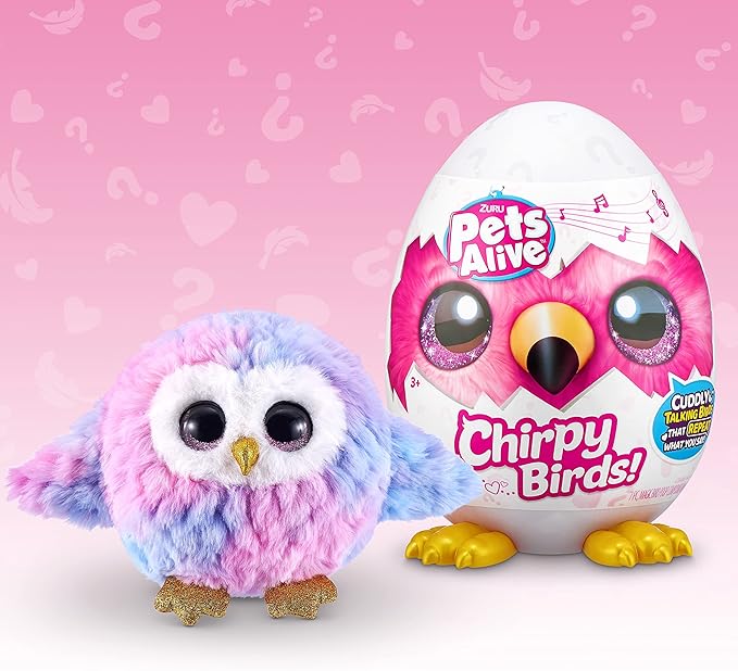 Pets Alive Chirpy Birds (OWL) by ZURU, Electronic Pet That Speaks, Giant Surprise Egg, Stickers, Comb, Fluffy Clay, Bird Animal Plush for Girls
