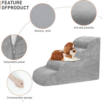 Dog Stairs for Small Dogs, High Density Foam Dog Steps, Extra Wide Non-Slip Pet Ramp for High Beds Or Couch, Soft Doggie Ladder for Dogs Injured, Older Pets, Small Cats (Fleece-Gray, 4 Steps)