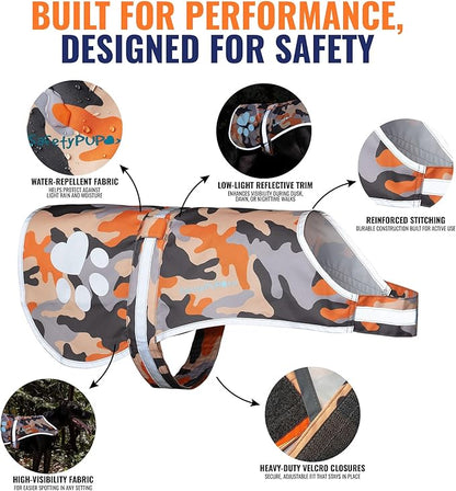SafetyPUP XD Dog Reflective Vest – Hi-Vis Fluorescent Visibility That Helps to Safeguard Your Pet On/Off Leash in Urban & Rural Areas (Camo, Large)
