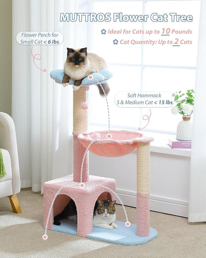 MUTTROS Flower Cat Tree with Large Metal Frame Hammock, 35" Pink Cat Tower with Sisal Scratching Posts for Small Indoor Cats, Cat Condo with Blue Top Perch for Kittens, Fluffy Ball, Pink