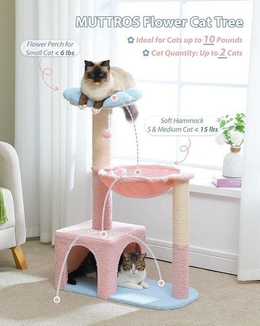 MUTTROS Flower Cat Tree with Large Metal Frame Hammock, 35" Pink Cat Tower with Sisal Scratching Posts for Small Indoor Cats, Cat Condo with Blue Top Perch for Kittens, Fluffy Ball, Pink