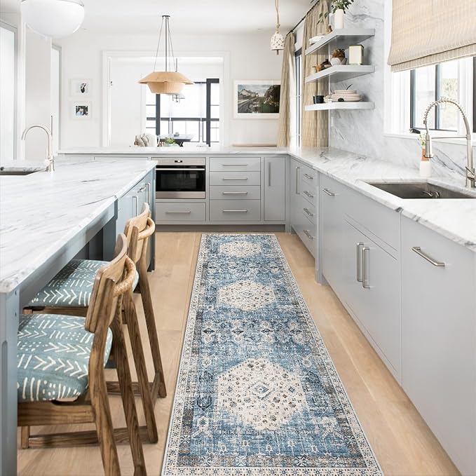 Hallway Washable Runner Rug 2'6x10 - Kitchen Runner Rugs Indoor Non Slip Rugs for Living Room Bedroom Vintage Distressed Mat Stain Resistant Floor Decoration Carpet for Bathroom (2'6''x10', Aqua Blue)