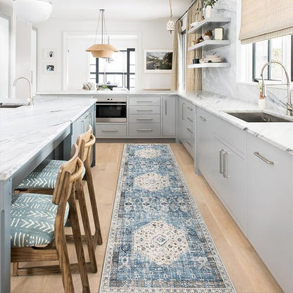 Hallway Washable Runner Rug 2'6x10 - Kitchen Runner Rugs Indoor Non Slip Rugs for Living Room Bedroom Vintage Distressed Mat Stain Resistant Floor Decoration Carpet for Bathroom (2'6''x10', Aqua Blue)