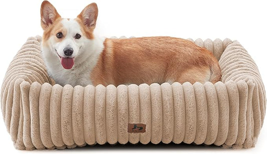 Washable Dog Bed for Small Medium Dogs - Rectangle Orthopedic Corduroy Fleece Pet Bed with Removable Cover and Nonskid Bottom, Calming Puppy Bed Soft Pet Sofa, Camel(30x24x8inchs)