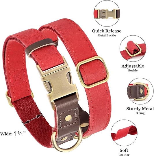 Didog Soft PU Leather Dog Collar for Large Dogs,Classic Adjustable Wide Dog Collars with Quick Release Metal Buckle,Easy Clean and Comfortable with Nylon Lining,Red,XL Neck 20-27", Width 1.2"