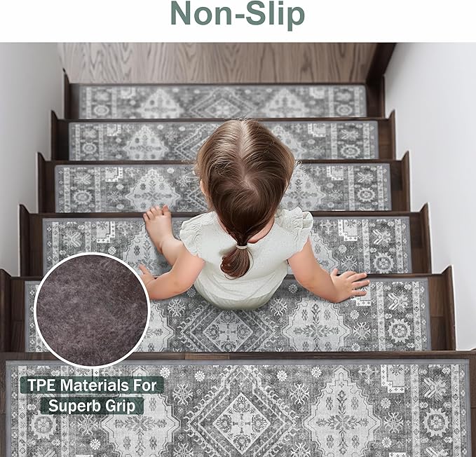 Non Slip Stair Treads for Wooden Steps 15PCS - 8"x30" Indoor Safety Carpet, Edging Mats with TPE Adhesive Backing, Pet and Elderly Friendly Stair Rugs (Charcoal)