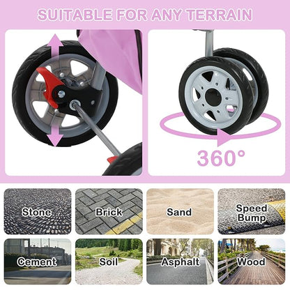 3 Wheels Dog Stroller, Foldable Pet Stroller for Small Medium Dogs, Portable Breathable Cat Stroller Dog Strollers with Storage Basket, Cup Holders, Removable Liner for Travel & Outdoor Use, Pink