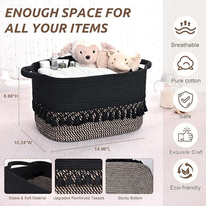 3 Pack Storage Basket for Shelves, Boho Cotton Rope Storage Bins with Heavy Tassel, Shelf Baskets Large Woven Baskets for Organizing, Cube Organizer Bins, Baby Laundry Basket for Clothes, Toys, Pets
