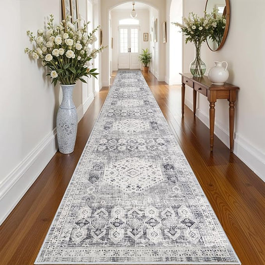 RUUGME 3x20 Washable Runner Rug - Extra Long Vintage Hallway Rugs with Non Slip Backing Soft Stain Resistant Carpet for Kitchen Bedroom Distressed Home Decor Floor Mat for Living Room 3x20 Grey