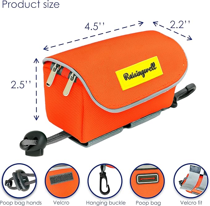Dog Poop Bag Holder for Leash, 2 Waterproof Zipper Pouches, Dog Treat Pouch for Pet Walking Accessories, with Dispenser, Training Clicker and 1 Free Roll (Orange)