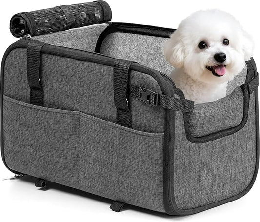 YUDODO Large Dog Car Seat for Center Console (Width＞9.5in) Fits 10-18lbs, Anti-Slip Puppy Cat Travel Portable Booster Seat, Luxury Pet Car Bed Carseat PU Leather Gray