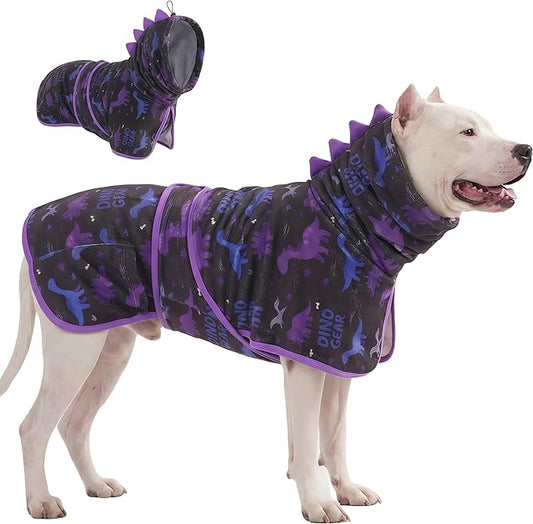 LovinPet 3‑in‑1 Dog Warm Winter Coat & Bathrobe, Hooded Dinosaur Fleece, Lightweight High‑Loft, Absorbent Knit, Quiet Hook‑and‑Loop, Wind‑Blocking Edges, Dog Robes for Medium & Large Dogs, Black,XL
