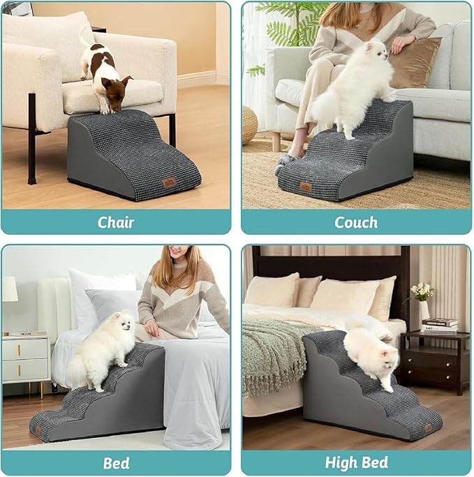 Wide Dog Stairs for Small Dog 15.7" H, Pet Step for Puppy, Older Cat, Curved Ramp for Couch, Durable Anti-Slip Ladder with High Density Foam, 3 Step, 17.7x22.4x15.7 inch, Charcoal Grey