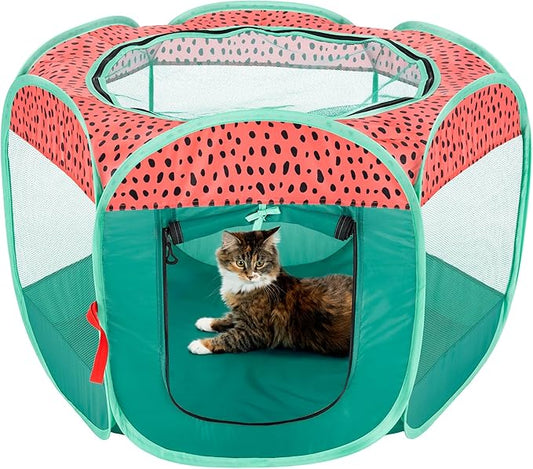 Furhaven Portable Dog Playpen Cat Tent, Pet Playground,Kennel Foldable Indoor Outdoor Zippered Puppy Crate - Green & Pink, Small