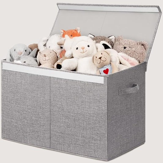 INDRESSME 25"x13"x16" Large Toy Storage Box with Lid, Toy Storage Organizer Toy Basket with Dividers for Playroom, Bedroom, Closet, Toy Bin for Kids Baby Boys Girls (Grey)