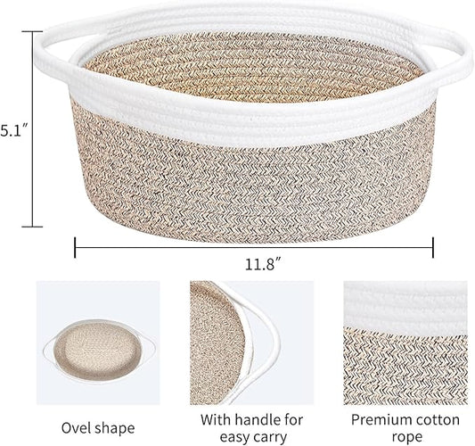 ABenkle Small Woven Basket, 12" x 8" x 5" - Cute Storage Basket with Handles for Room, Cat & Dog Toys, Gift Box
