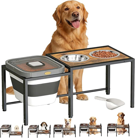 Elevated Dog Bowl with Storage Container - 2-in-1 Raised Dog Bowl Stand with 2 Stainless Steel Food Bowls，15-18 lb Dog Food Storage Bin for Large Breed Dogs, Adjustable Height Feeding Station