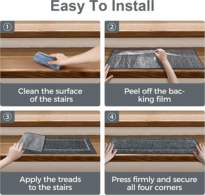 Non Slip Microfiber Stair Treads for Wooden Steps, 15PCS 8"x30" Indoor Safety Carpet, 3D Cut & Loop Tufted Edging Mats with TPE Adhesive Backing, Pet & Elderly Friendly Stair Rugs (Charcoal Border)