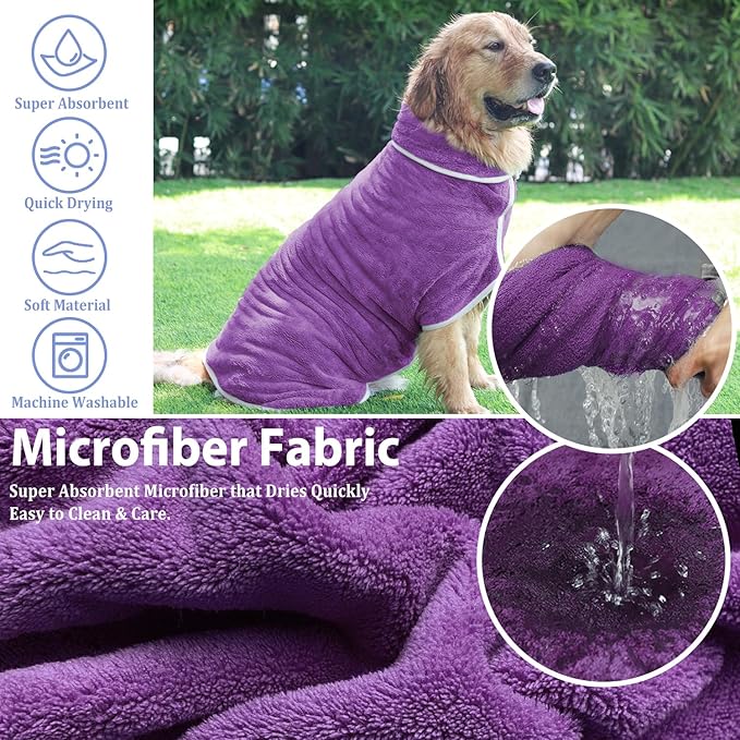 Dog Bathrobe Towel Dog Drying Coat - Super Absorbent Towels Bath Robe for Dogs Large, Soft Adjustable Collar & Belly Strap Fast Drying Coat Pet Cat Bath Robe (Violet, Medium)