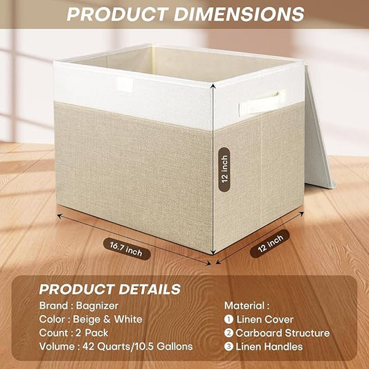 Large 42 Quarts Fabric Storage Bins with Lids [2-Pack] Linen Collapsible Foldable Baskets, Closet Organizer Containers boxes with Handles for Home Office (16.7 x 12 x 12, Beige & White)