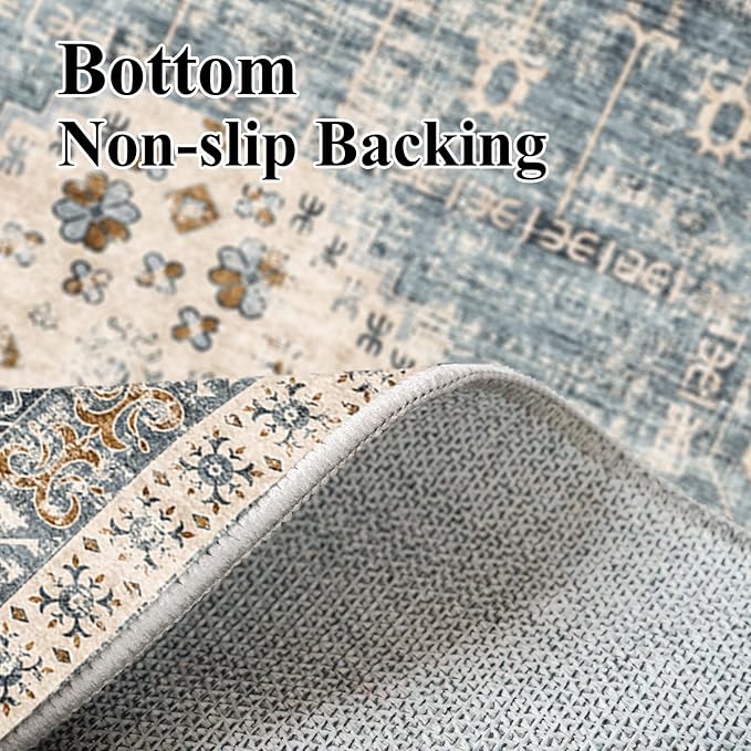 Hallway Washable Runner Rug 2'6x12 - Kitchen Runner Rugs with Non Slip Backing Stain Resistant Rugs for Living Room Bedroom Carpet Distressed Rug Floor Deocr Mat (2‘6''x12', Aqua Blue)
