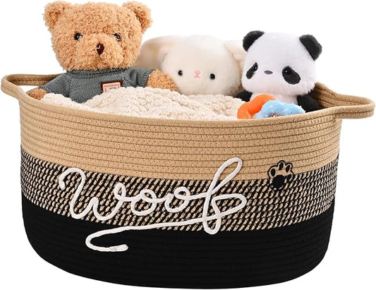 Woof Dog Toy Basket with Handles, Large Dog Toy Storage Bin with Paw Print, Woven Dog Basket for Blankets, Toys, Chews, Pet Toy Box for Nursery, Living Room, Bedroom, 17”x12”x9, Black