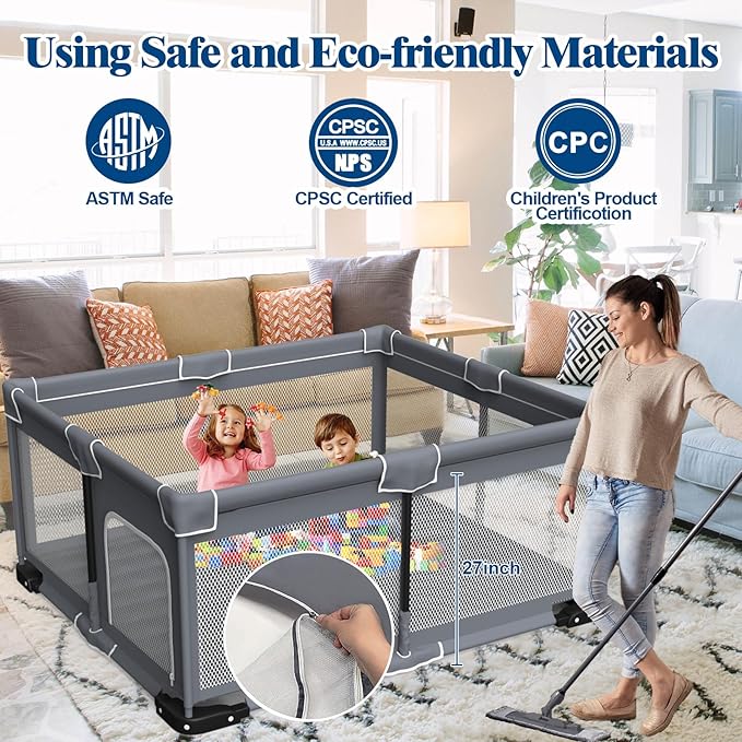 Foldable Baby Playpen with Mat, Extra Large Playpen for Babies and Toddlers with Gate, Portable Baby Yard, Indoor & Outdoor Play Area 71"x59"