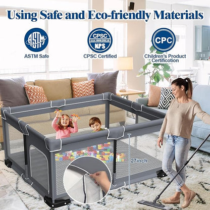 Foldable Baby Playpen with Mat, Extra Large Playpen for Babies and Toddlers with Gate, Portable Baby Yard, Indoor & Outdoor Play Area 71"x59"