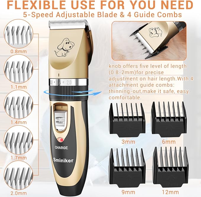 Sminiker Professional Rechargeable Cordless Dogs Cats Horse Grooming Clippers - Professional Pet Hair Clippers with Comb Guides for Dogs Cats Horses and Other House Animals Pet Grooming Kit