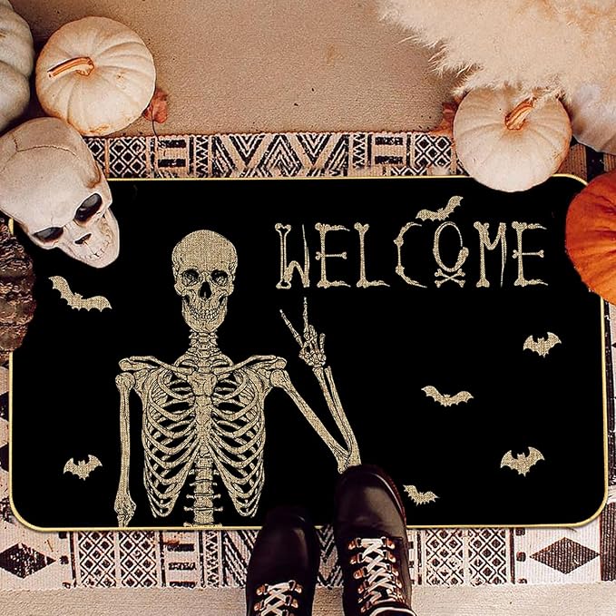 Halloween Skull Doormat - Funny and Spooky Welcome Mat, Low-Profile Non-Slip Entr Door mat Living Room Kitchen Floor Mat Home Halloween Indoor Outdoor Decoration - 17" x 29"