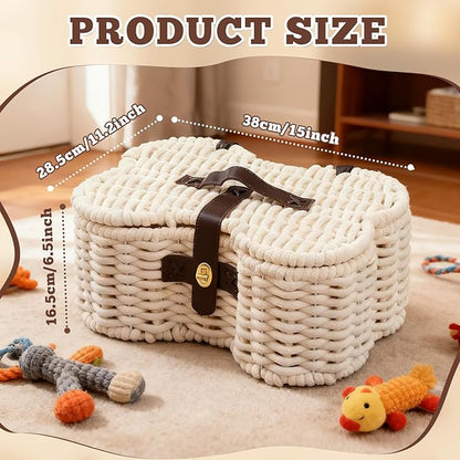 Dog Toys Bin, Cotton Rope Basket Bone Shaped Pet Toys Organizer, Handmade Pet Toy Bin, Woven Baskets for Storage, 14.96" x 11.22" x 6.5"inch