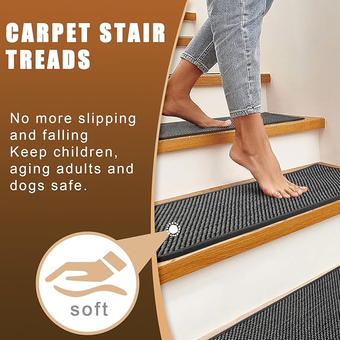 Stair Treads for Wooden Steps Indoor,8" X 30" (15 in Pack) Carpet Stair Treads for Wood Stairs, Machine Washable Stair Runners for Kids Elders and Pets,Black & Snow Spots