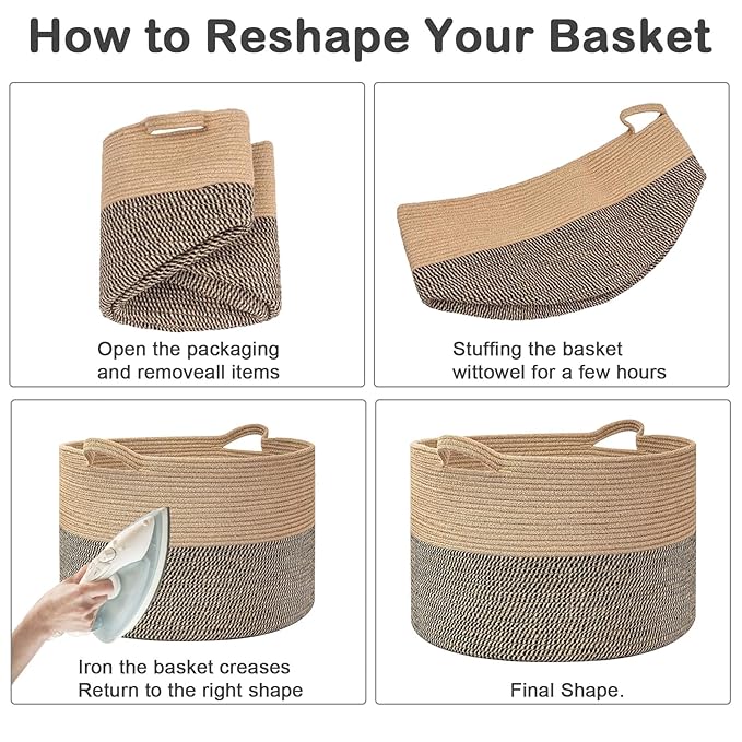 115L Large Blanket Basket,23.6" L x 23.6" W x 15.7" H Rope Woven Baskets with Handles, Toys Storage Bins,Laundry Basket Perfect for Living Room, Nursery,Bedroom,Home Organization,Jute&Black