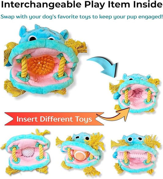 4 in 1 Squeaky Dog Toy-No Stuffing Dog Toy with Ropes,Squeaker & Surprise play item inside for Small Medium Large Breed-Dog Tug Toy,Dog Chew Toy for Cuddling & Playing,Soft Blue Plush Hippo,Gift ready