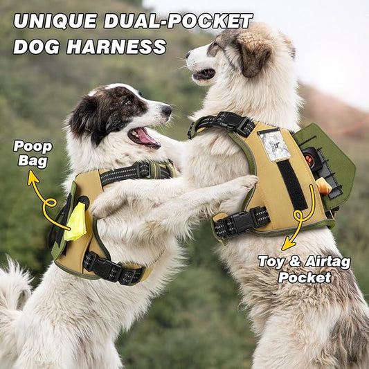 WINGOIN Tactical Dog Harness for Small Dogs, No Pull Harness with Handle 2 Pockets Poop Bag, Reflective Dog Vest, Military Service Heavy Duty Big Dog Harness for Walking Hiking Training (Khaki, S)