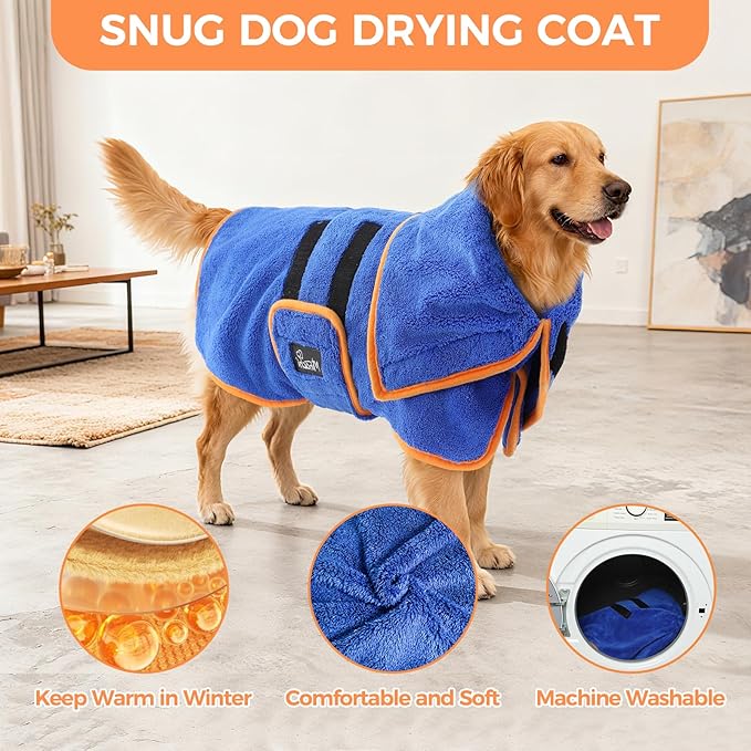 Mihachi Dog Bathrobe Towel Wrap Fast Drying with Drying Gloves Set, Super Absorbent Coral Fleece Dog Drying Coat Bath Robe for Puppy, Medium & Large Dogs, Adjustable Collar & Belly Strap, Blue M