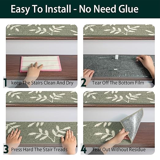 Carpet Stair Treads, Non-Slip Stair Treads for Wooden Steps Indoor, 30”x8” Stair Runner for Pets Non Skid Wood Staircase Step Treads Reusable, Set of 7, Green