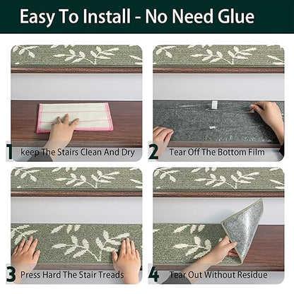 Carpet Stair Treads, Non-Slip Stair Treads for Wooden Steps Indoor, 30”x8” Stair Runner for Pets Non Skid Wood Staircase Step Treads Reusable, Set of 7, Green