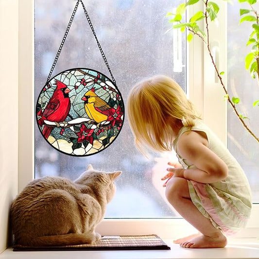 Stained Glass Window Hanging, Love Birds Cardinals Sun Catchers Colorful Glass Panel Birds Suncatcher Decor for Birthday for Women, Men, Wife, Lovers, and Mom 9.8 in