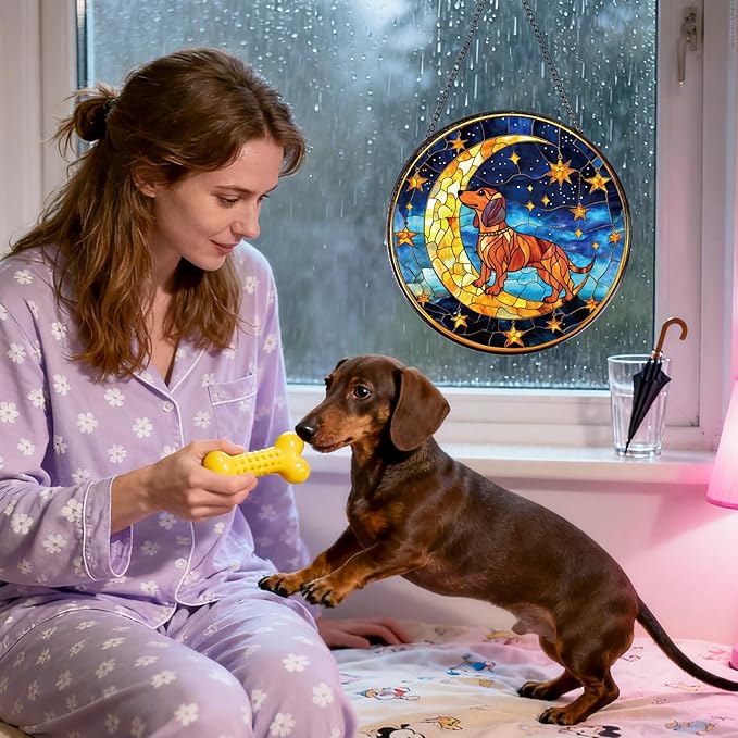 Dachshund Stained Glass Window Hanging Gifts, 7.8″ Weiner Dog Sun Catchers for Indoor Window Decor, Decorative Sun Catchers Home Wall Art Animal Memorial Gift