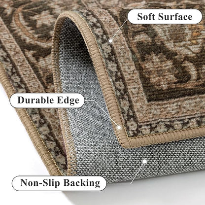 Brown Runner Rug 2x8 Washable Vintage Floral Long Carpet for Hallway Soft Low Pile Non Slip Indoor Accent Rug Retro Distressed Throw Rug for Bathroom Bedroom Laundry Dining Room