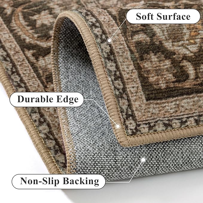 Brown Runner Rug 2x6 Washable Vintage Floral Long Carpet for Hallway Soft Low Pile Non Slip Indoor Accent Rug Retro Distressed Throw Rug for Bathroom Bedroom Laundry Dining Room