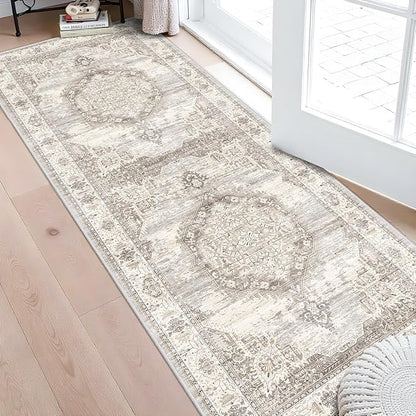 2x6 Non-Slip Runner for Hardwood Floors: Washable Short Hallway Kitchen Rug Vintage Soft Floor Mat for Living Room Bedroom Accent Farmhouse Carpet for College Dorm Stain Resistant Area Rug(Beige,2x6)